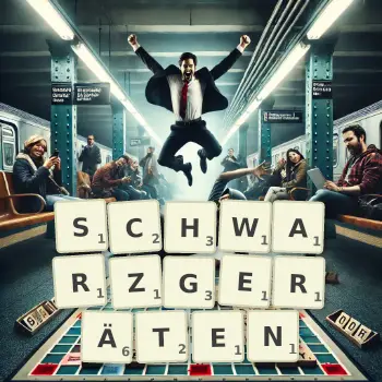 Kreative Illustration für ein Scrabble-Spiel, bei dem das Wort SCHWARZGERÄTEN mit Steinen auf dem Brett gelegt wurde.