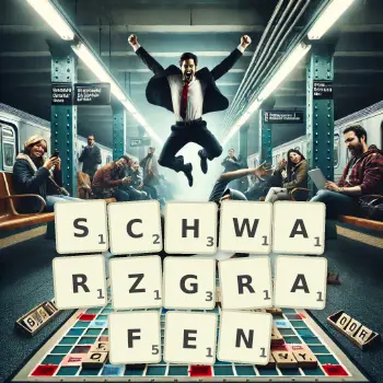 Kreative Illustration für ein Scrabble-Spiel, bei dem das Wort SCHWARZGRAFEN mit Steinen auf dem Brett gelegt wurde.
