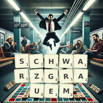 Kreative Illustration für ein Scrabble-Spiel, bei dem das Wort SCHWARZGRAUEM mit Steinen auf dem Brett gelegt wurde.