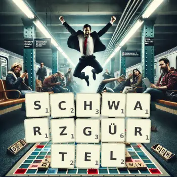 Kreative Illustration für ein Scrabble-Spiel, bei dem das Wort SCHWARZGÜRTEL mit Steinen auf dem Brett gelegt wurde.