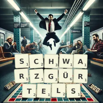Kreative Illustration für ein Scrabble-Spiel, bei dem das Wort SCHWARZGÜRTELS mit Steinen auf dem Brett gelegt wurde.