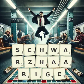 Kreative Illustration für ein Scrabble-Spiel, bei dem das Wort SCHWARZHAARIGE mit Steinen auf dem Brett gelegt wurde.