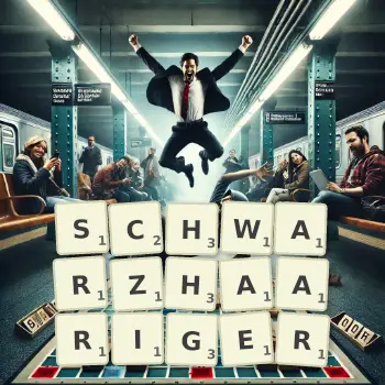 Kreative Illustration für ein Scrabble-Spiel, bei dem das Wort SCHWARZHAARIGER mit Steinen auf dem Brett gelegt wurde.