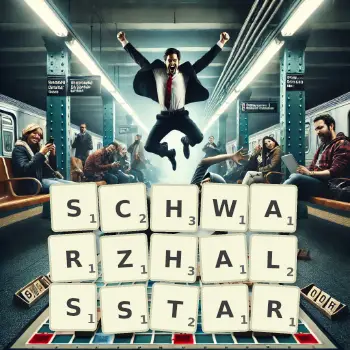 Kreative Illustration für ein Scrabble-Spiel, bei dem das Wort SCHWARZHALSSTAR mit Steinen auf dem Brett gelegt wurde.