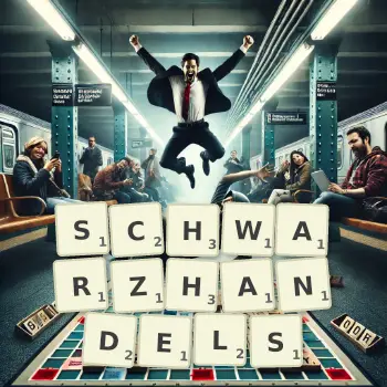 Kreative Illustration für ein Scrabble-Spiel, bei dem das Wort SCHWARZHANDELS mit Steinen auf dem Brett gelegt wurde.