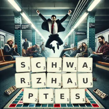 Kreative Illustration für ein Scrabble-Spiel, bei dem das Wort SCHWARZHAUPTES mit Steinen auf dem Brett gelegt wurde.