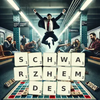 Kreative Illustration für ein Scrabble-Spiel, bei dem das Wort SCHWARZHEMDES mit Steinen auf dem Brett gelegt wurde.