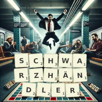 Kreative Illustration für ein Scrabble-Spiel, bei dem das Wort SCHWARZHÄNDLER mit Steinen auf dem Brett gelegt wurde.
