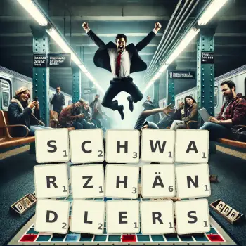 Kreative Illustration für ein Scrabble-Spiel, bei dem das Wort SCHWARZHÄNDLERS mit Steinen auf dem Brett gelegt wurde.