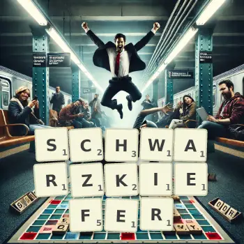 Kreative Illustration für ein Scrabble-Spiel, bei dem das Wort SCHWARZKIEFER mit Steinen auf dem Brett gelegt wurde.
