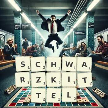 Kreative Illustration für ein Scrabble-Spiel, bei dem das Wort SCHWARZKITTEL mit Steinen auf dem Brett gelegt wurde.