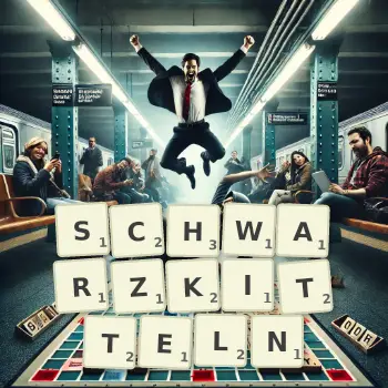 Kreative Illustration für ein Scrabble-Spiel, bei dem das Wort SCHWARZKITTELN mit Steinen auf dem Brett gelegt wurde.