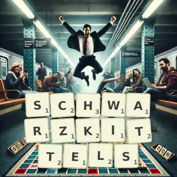 Kreative Illustration für ein Scrabble-Spiel, bei dem das Wort SCHWARZKITTELS mit Steinen auf dem Brett gelegt wurde.
