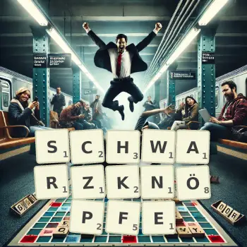 Kreative Illustration für ein Scrabble-Spiel, bei dem das Wort SCHWARZKNÖPFE mit Steinen auf dem Brett gelegt wurde.