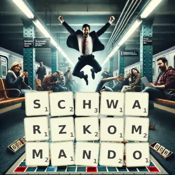 Kreative Illustration für ein Scrabble-Spiel, bei dem das Wort SCHWARZKOMMANDO mit Steinen auf dem Brett gelegt wurde.
