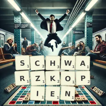Kreative Illustration für ein Scrabble-Spiel, bei dem das Wort SCHWARZKOPIEN mit Steinen auf dem Brett gelegt wurde.