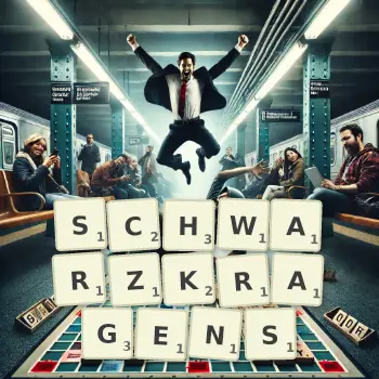 Kreative Illustration für ein Scrabble-Spiel, bei dem das Wort SCHWARZKRAGENS mit Steinen auf dem Brett gelegt wurde.