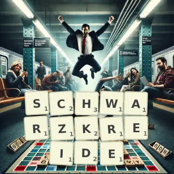 Kreative Illustration für ein Scrabble-Spiel, bei dem das Wort SCHWARZKREIDE mit Steinen auf dem Brett gelegt wurde.