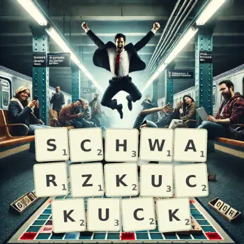 Kreative Illustration für ein Scrabble-Spiel, bei dem das Wort SCHWARZKUCKUCK mit Steinen auf dem Brett gelegt wurde.