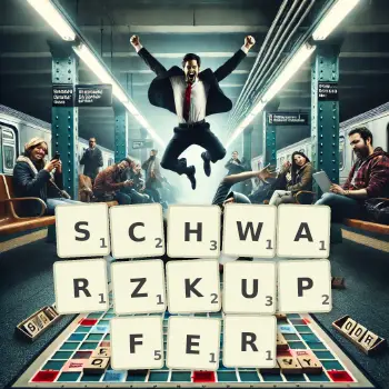 Kreative Illustration für ein Scrabble-Spiel, bei dem das Wort SCHWARZKUPFER mit Steinen auf dem Brett gelegt wurde.