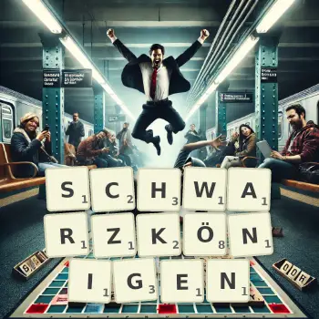 Kreative Illustration für ein Scrabble-Spiel, bei dem das Wort SCHWARZKÖNIGEN mit Steinen auf dem Brett gelegt wurde.