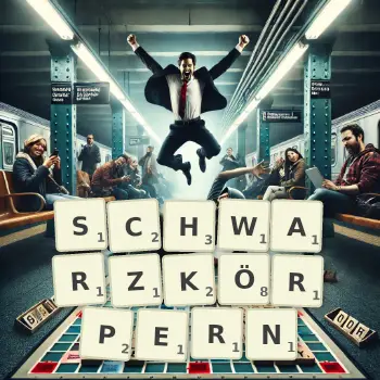 Kreative Illustration für ein Scrabble-Spiel, bei dem das Wort SCHWARZKÖRPERN mit Steinen auf dem Brett gelegt wurde.