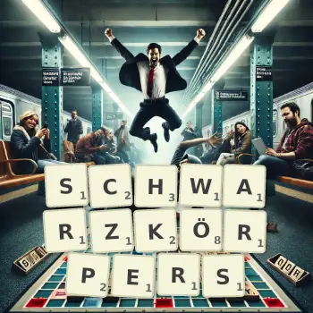 Kreative Illustration für ein Scrabble-Spiel, bei dem das Wort SCHWARZKÖRPERS mit Steinen auf dem Brett gelegt wurde.