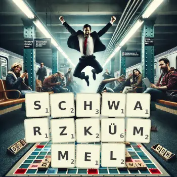 Kreative Illustration für ein Scrabble-Spiel, bei dem das Wort SCHWARZKÜMMEL mit Steinen auf dem Brett gelegt wurde.