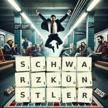 Kreative Illustration für ein Scrabble-Spiel, bei dem das Wort SCHWARZKÜNSTLER mit Steinen auf dem Brett gelegt wurde.