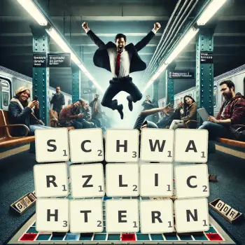 Kreative Illustration für ein Scrabble-Spiel, bei dem das Wort SCHWARZLICHTERN mit Steinen auf dem Brett gelegt wurde.
