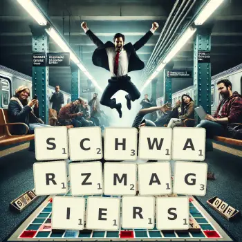 Kreative Illustration für ein Scrabble-Spiel, bei dem das Wort SCHWARZMAGIERS mit Steinen auf dem Brett gelegt wurde.