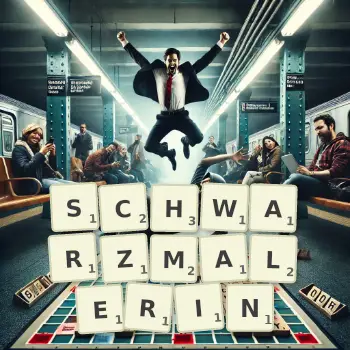 Kreative Illustration für ein Scrabble-Spiel, bei dem das Wort SCHWARZMALERIN mit Steinen auf dem Brett gelegt wurde.
