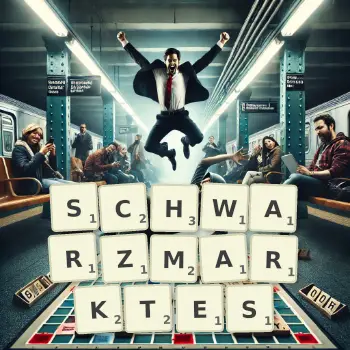 Kreative Illustration für ein Scrabble-Spiel, bei dem das Wort SCHWARZMARKTES mit Steinen auf dem Brett gelegt wurde.