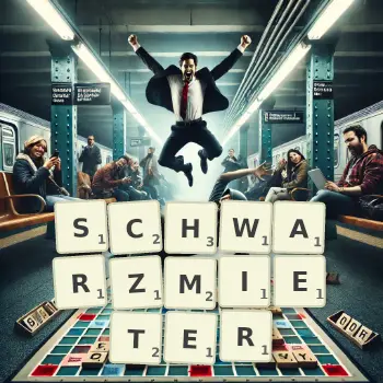 Kreative Illustration für ein Scrabble-Spiel, bei dem das Wort SCHWARZMIETER mit Steinen auf dem Brett gelegt wurde.