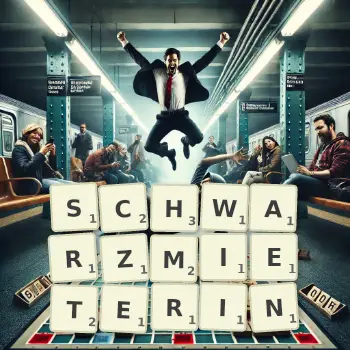 Kreative Illustration für ein Scrabble-Spiel, bei dem das Wort SCHWARZMIETERIN mit Steinen auf dem Brett gelegt wurde.