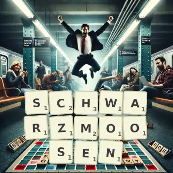 Kreative Illustration für ein Scrabble-Spiel, bei dem das Wort SCHWARZMOOSEN mit Steinen auf dem Brett gelegt wurde.