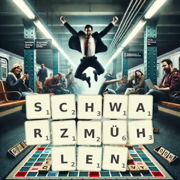 Kreative Illustration für ein Scrabble-Spiel, bei dem das Wort SCHWARZMÜHLEN mit Steinen auf dem Brett gelegt wurde.
