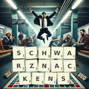 Kreative Illustration für ein Scrabble-Spiel, bei dem das Wort SCHWARZNACKENS mit Steinen auf dem Brett gelegt wurde.