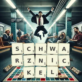 Kreative Illustration für ein Scrabble-Spiel, bei dem das Wort SCHWARZNICKEL mit Steinen auf dem Brett gelegt wurde.