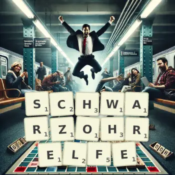 Kreative Illustration für ein Scrabble-Spiel, bei dem das Wort SCHWARZOHRELFE mit Steinen auf dem Brett gelegt wurde.