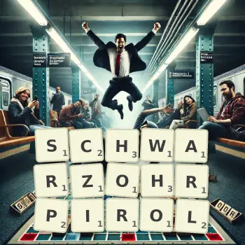 Kreative Illustration für ein Scrabble-Spiel, bei dem das Wort SCHWARZOHRPIROL mit Steinen auf dem Brett gelegt wurde.