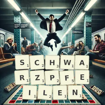 Kreative Illustration für ein Scrabble-Spiel, bei dem das Wort SCHWARZPFEILEN mit Steinen auf dem Brett gelegt wurde.