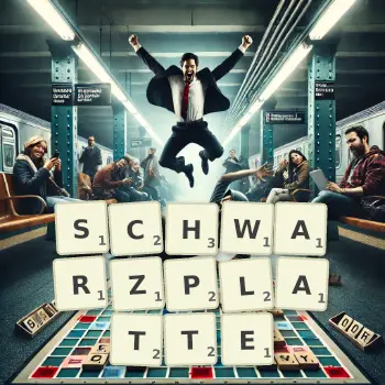 Kreative Illustration für ein Scrabble-Spiel, bei dem das Wort SCHWARZPLATTE mit Steinen auf dem Brett gelegt wurde.