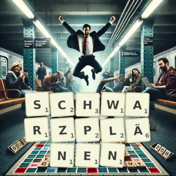 Kreative Illustration für ein Scrabble-Spiel, bei dem das Wort SCHWARZPLÄNEN mit Steinen auf dem Brett gelegt wurde.