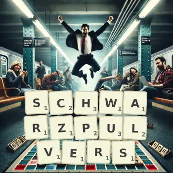 Kreative Illustration für ein Scrabble-Spiel, bei dem das Wort SCHWARZPULVERS mit Steinen auf dem Brett gelegt wurde.