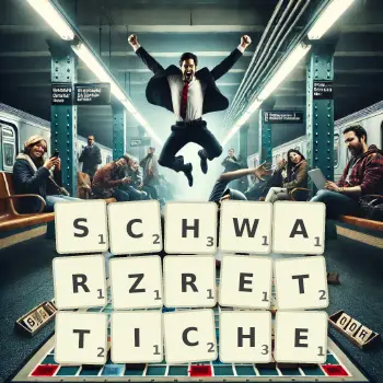 Kreative Illustration für ein Scrabble-Spiel, bei dem das Wort SCHWARZRETTICHE mit Steinen auf dem Brett gelegt wurde.