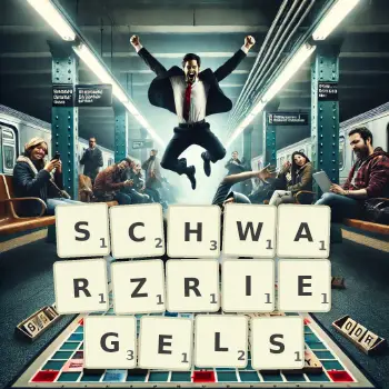 Kreative Illustration für ein Scrabble-Spiel, bei dem das Wort SCHWARZRIEGELS mit Steinen auf dem Brett gelegt wurde.