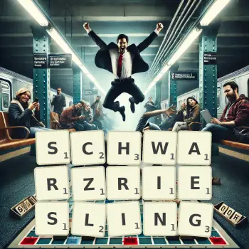 Kreative Illustration für ein Scrabble-Spiel, bei dem das Wort SCHWARZRIESLING mit Steinen auf dem Brett gelegt wurde.