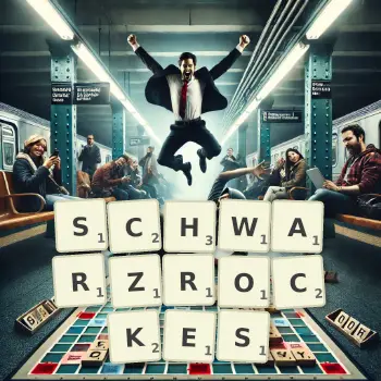 Kreative Illustration für ein Scrabble-Spiel, bei dem das Wort SCHWARZROCKES mit Steinen auf dem Brett gelegt wurde.