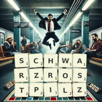 Kreative Illustration für ein Scrabble-Spiel, bei dem das Wort SCHWARZROSTPILZ mit Steinen auf dem Brett gelegt wurde.